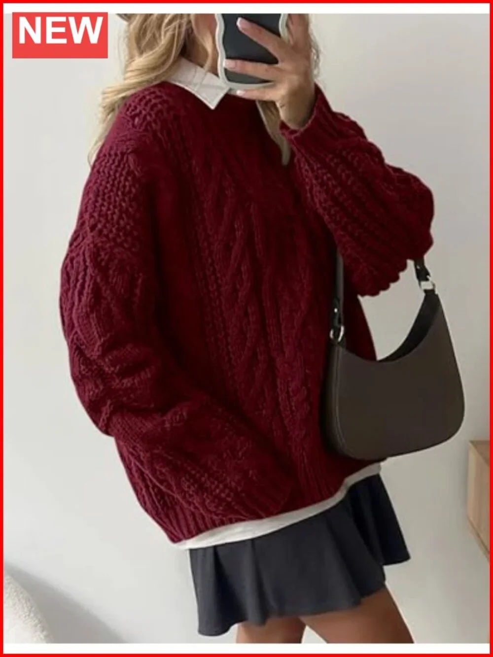 Womens Oversized Cable Knit Chunky Pullover Sweater Crew Neck Ribbed